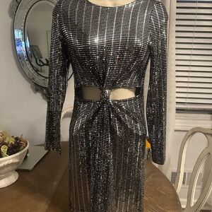 Zara Black and Silver Sequin Cut-Out Sheath Dress